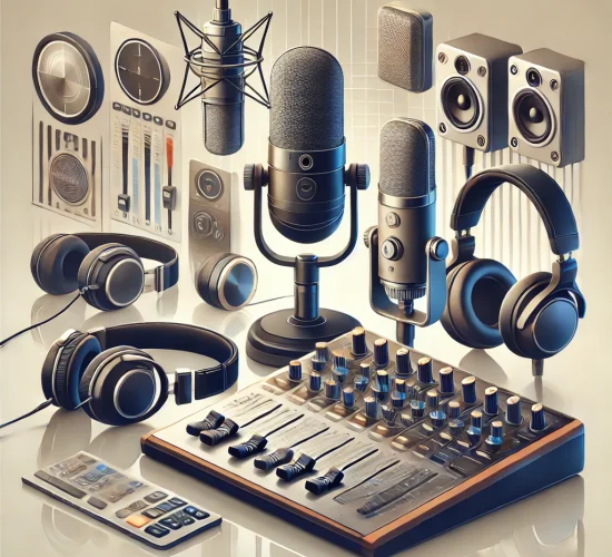 DALL·E 2024-08-29 15.54.25 - An illustration of various broadcasting equipment to be used on a website. The image should include a modern microphone, a pair of headphones, a digit