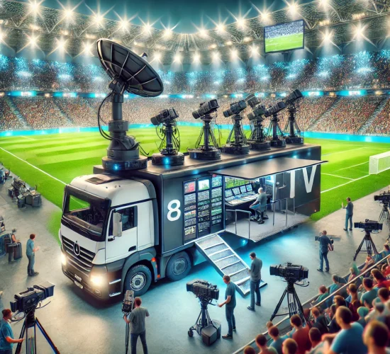 DALL·E 2024-09-04 09.29.53 - A vibrant scene at a large stadium featuring a mobile TV broadcast truck equipped with 8 cameras. The truck is parked near the field, with its satelli